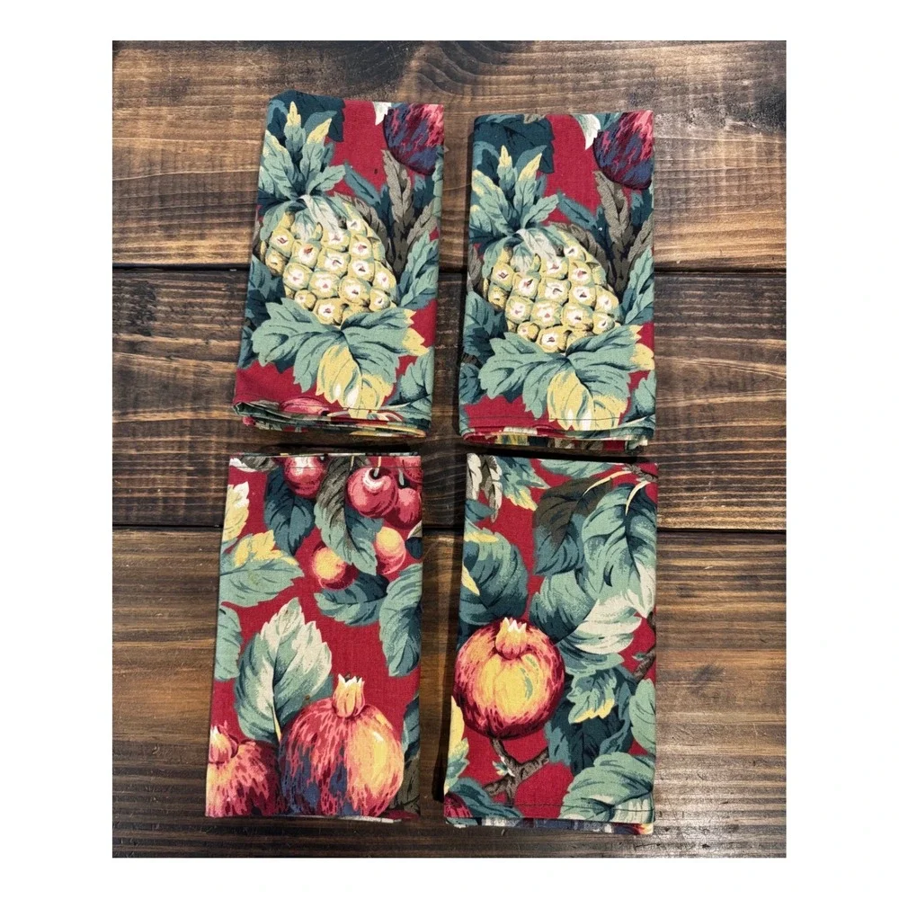 Vintage Tropical Pineapple Cloth Napkins Set of 4 Burgundy Cotton Table Linens